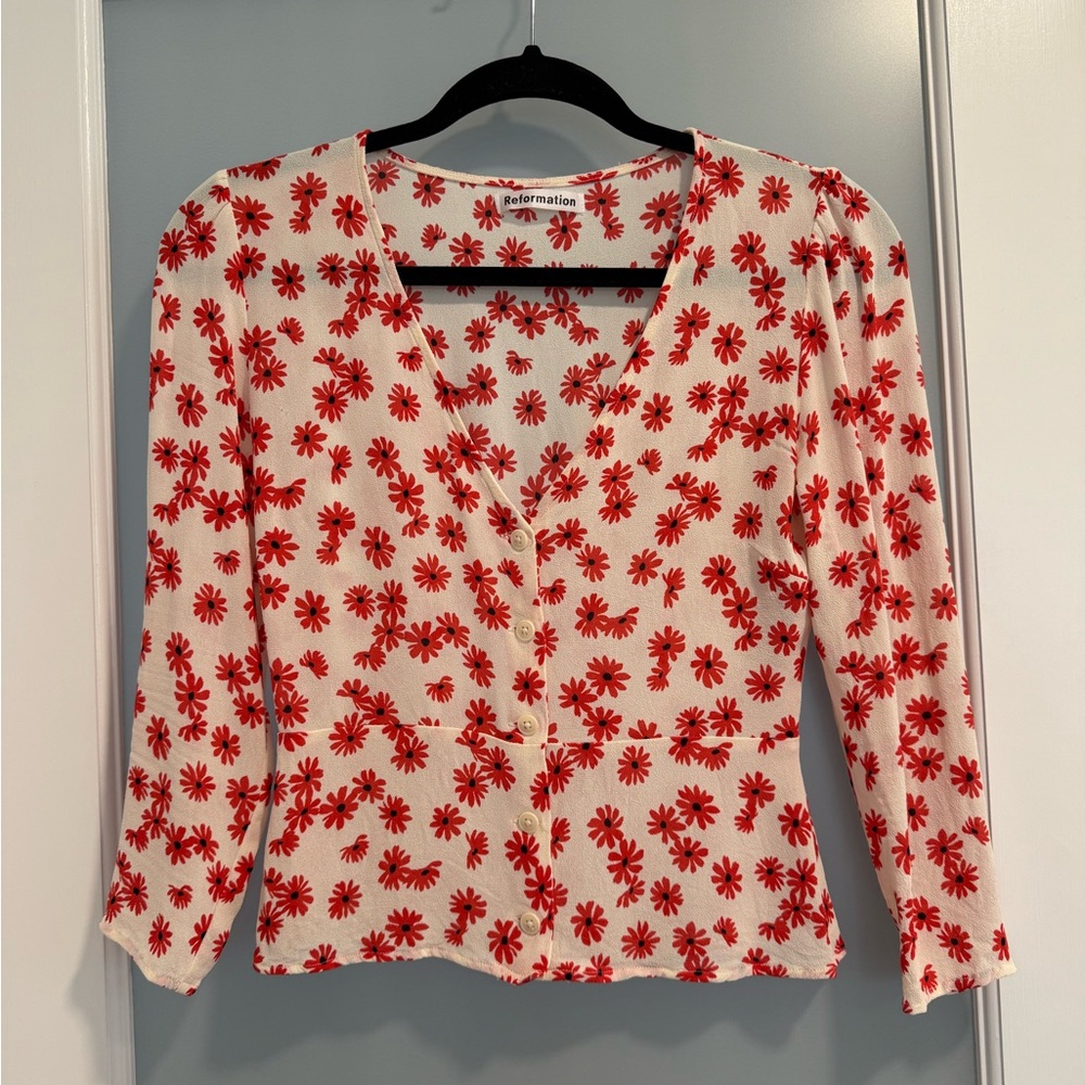 Reformation Long Sleeve White and Red Floral Daisy Button Up Blouse